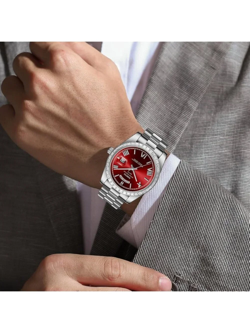 Nibosi Men's Silver Red Analog Quartz Diamond Bezel Stainless Waterproof Watch